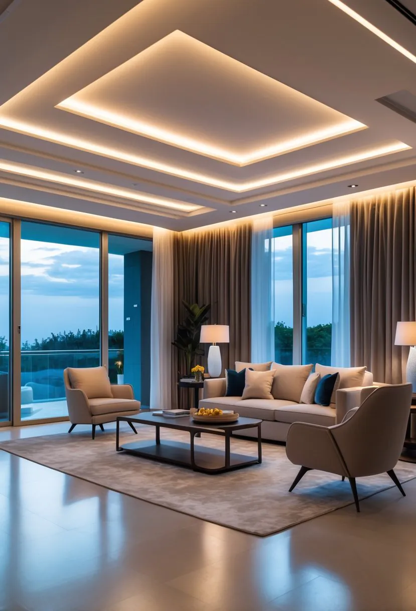 A spacious luxury living room with modern furniture and smart lighting creating a warm and inviting atmosphere.