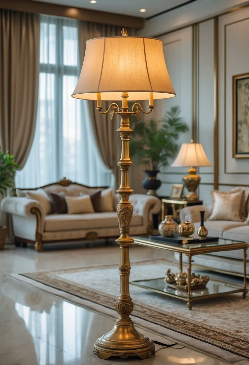 An antique brass floor lamp illuminated in a well-furnished living room with a sofa, coffee table, and large windows.