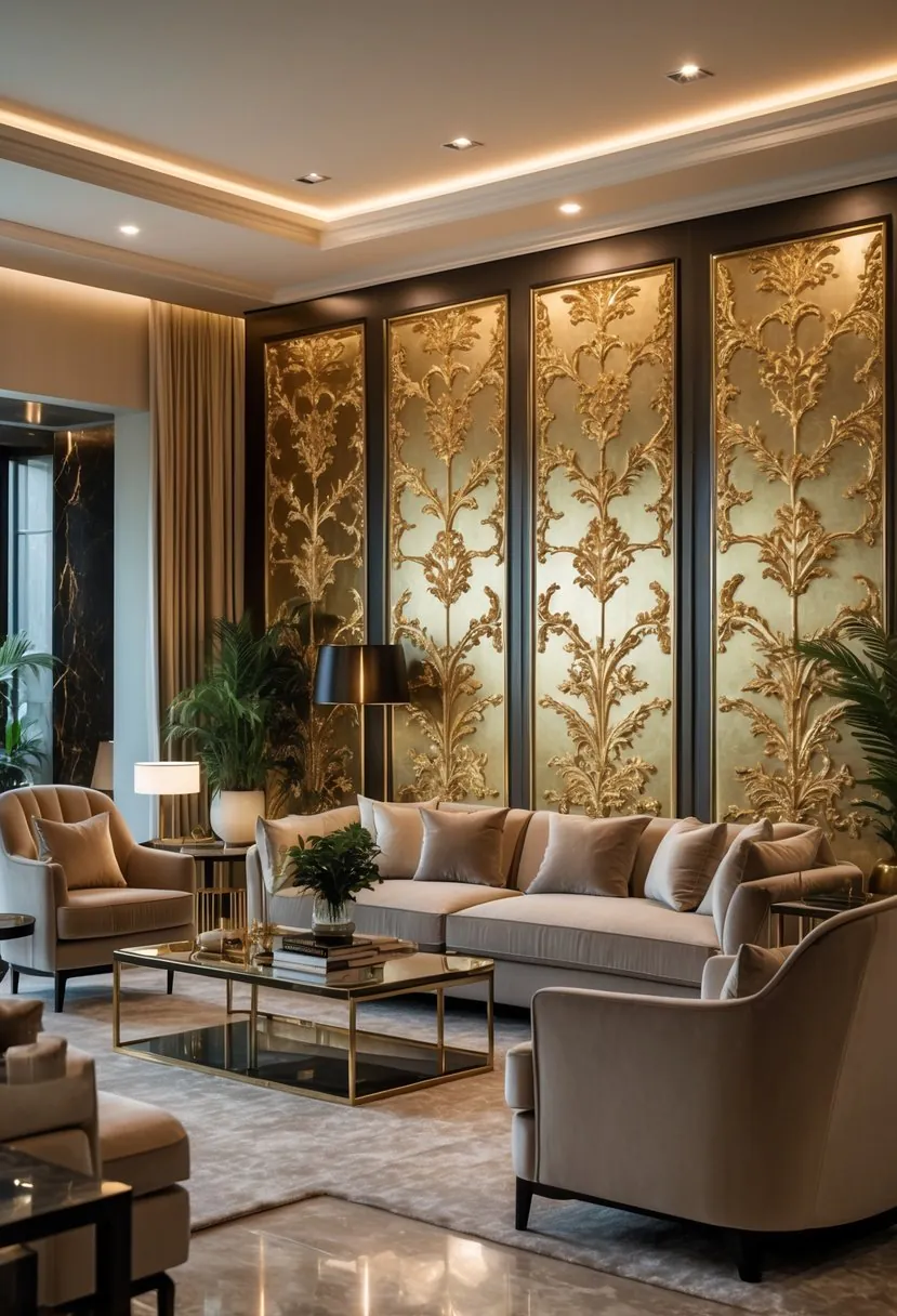 A luxury living room with custom gold leaf wall panels, elegant seating, and warm lighting.