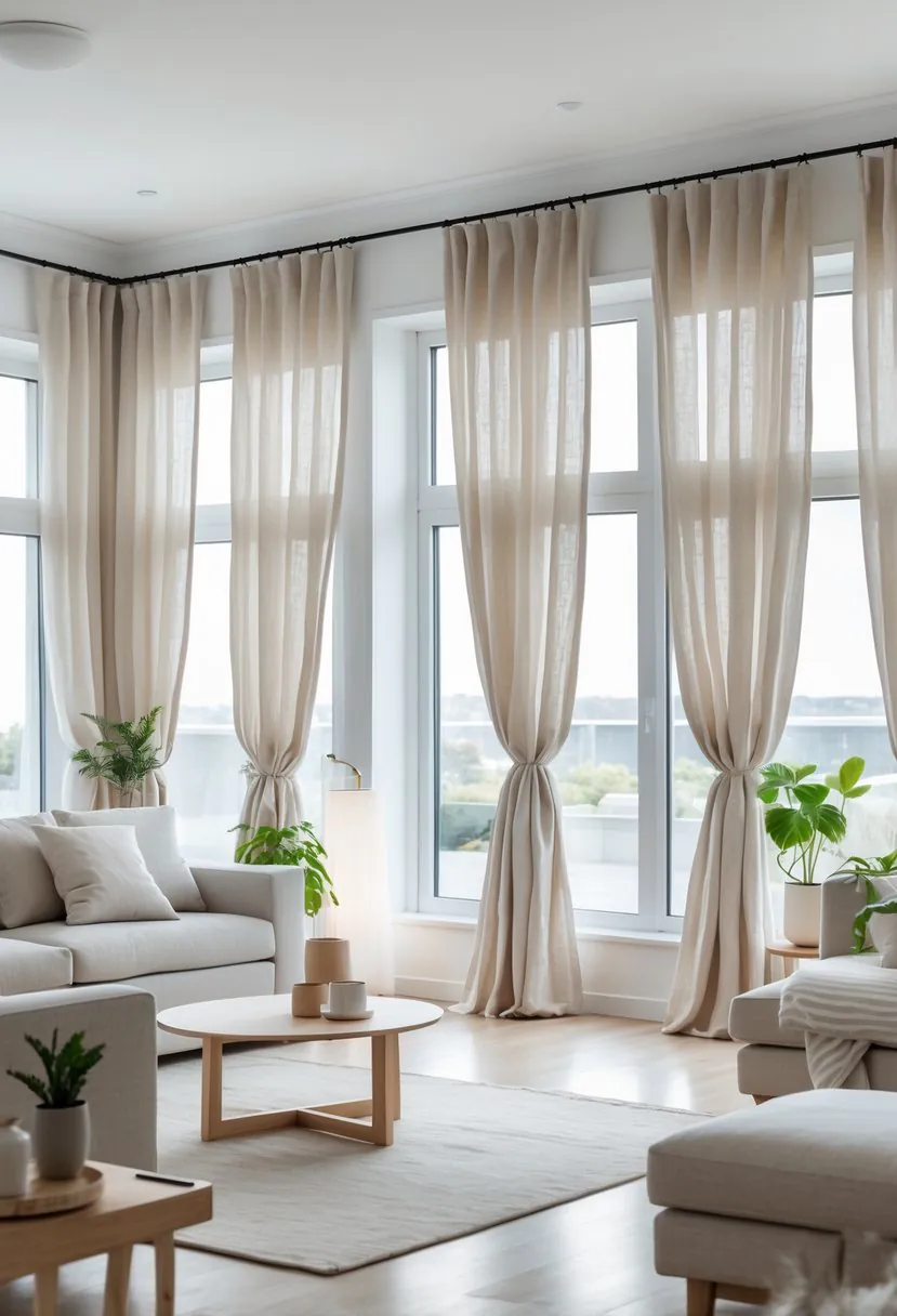 A bright living room with seven linen curtains hanging from large windows, featuring a sofa, coffee table, and plants.