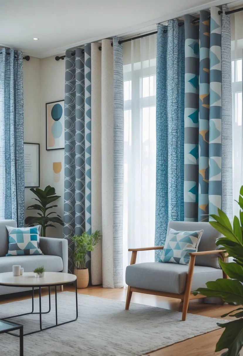 Living room with seven patterned curtains featuring geometric designs hanging on large windows, with a sofa, coffee table, and plants.