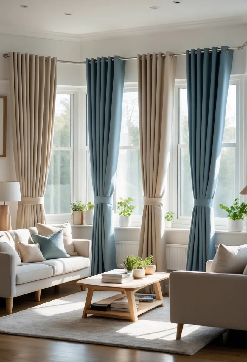 A living room with seven thermal curtains hanging from large windows, featuring comfortable furniture and soft natural light.