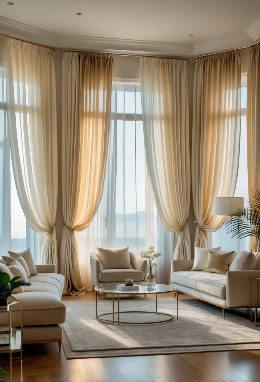 A living room with seven silk curtains hanging on multiple windows, sunlight softly coming through, with modern furniture and decorative plants.