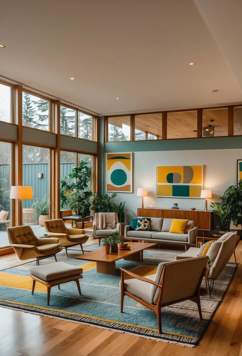 A bright living room with multiple seating areas, large windows, wooden furniture, rugs, plants, and decorative artwork.