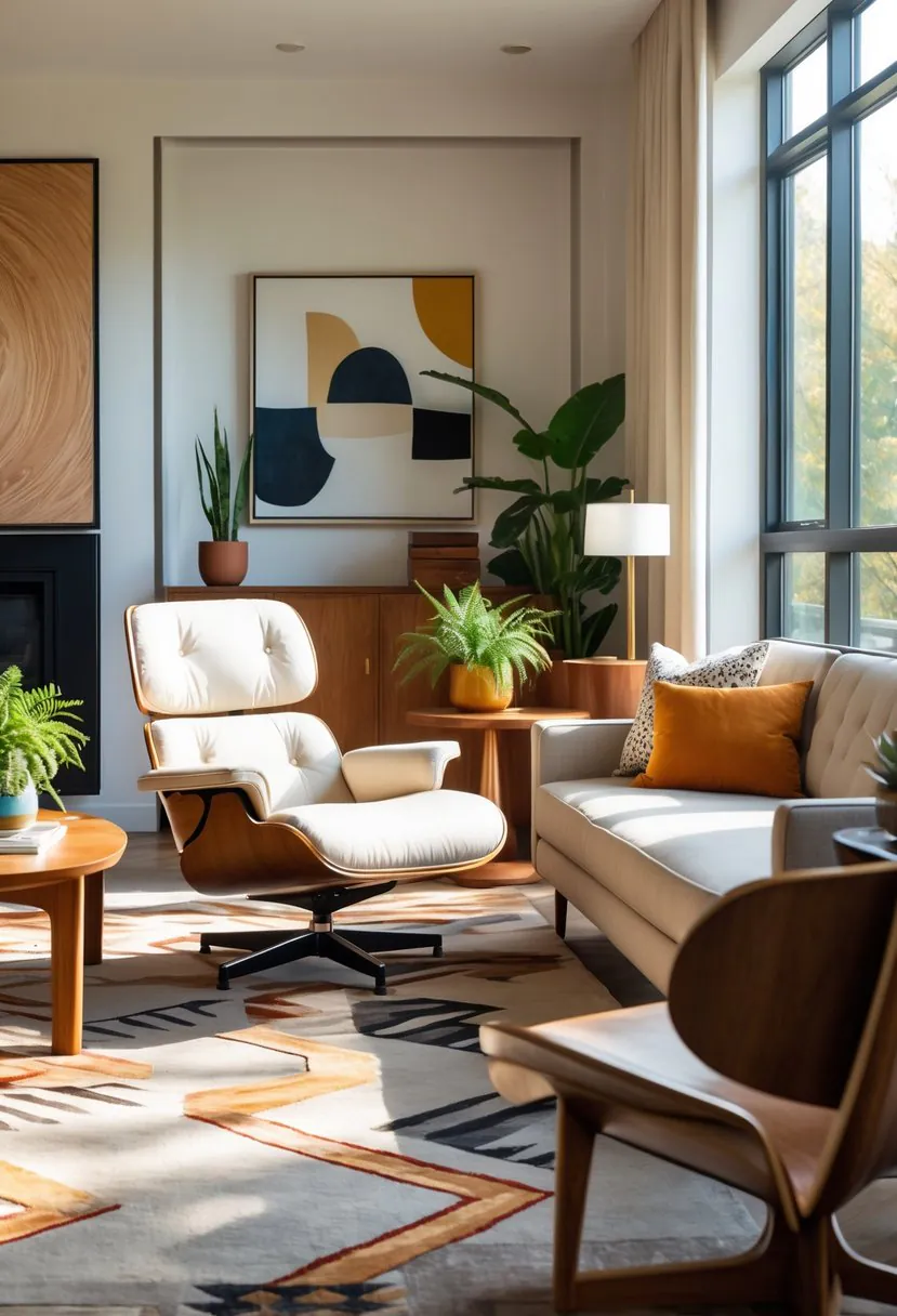 A living room with a lounge chair and ottoman near a window, surrounded by a sofa, coffee table, plants, and wall art.