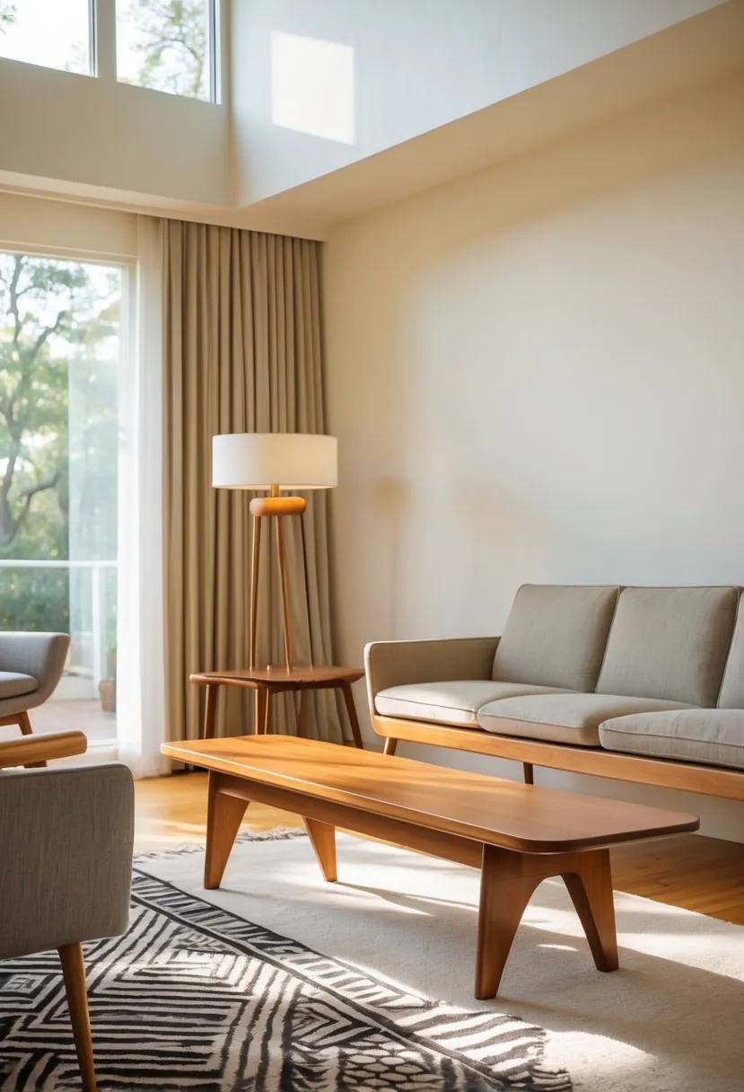 A living room with a wooden bench, sofa, floor lamp, and large windows letting in natural light.
