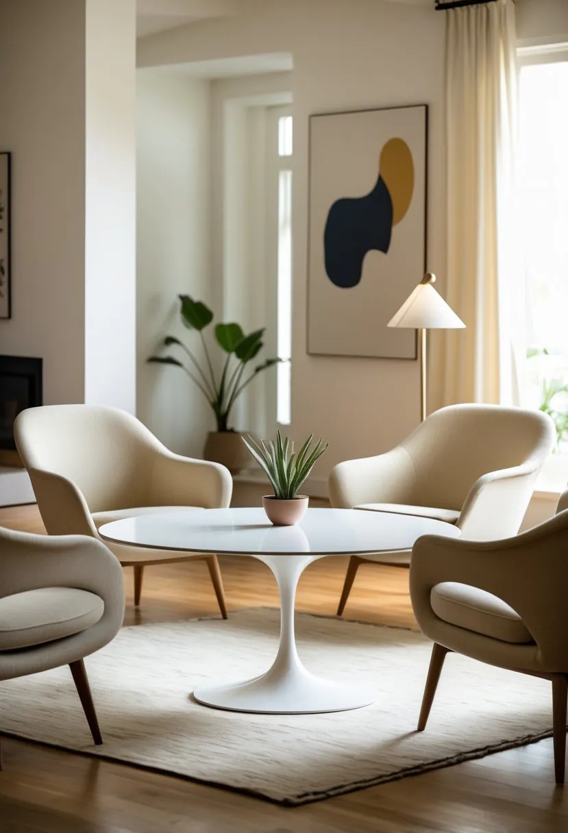 A living room with a round white coffee table, chairs, a sofa, wooden floor, and decorative plants.
