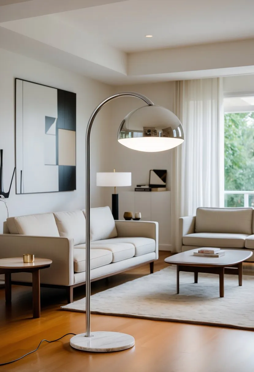 A living room with a curved floor lamp next to a sofa, wooden flooring, a coffee table, and large windows letting in natural light.