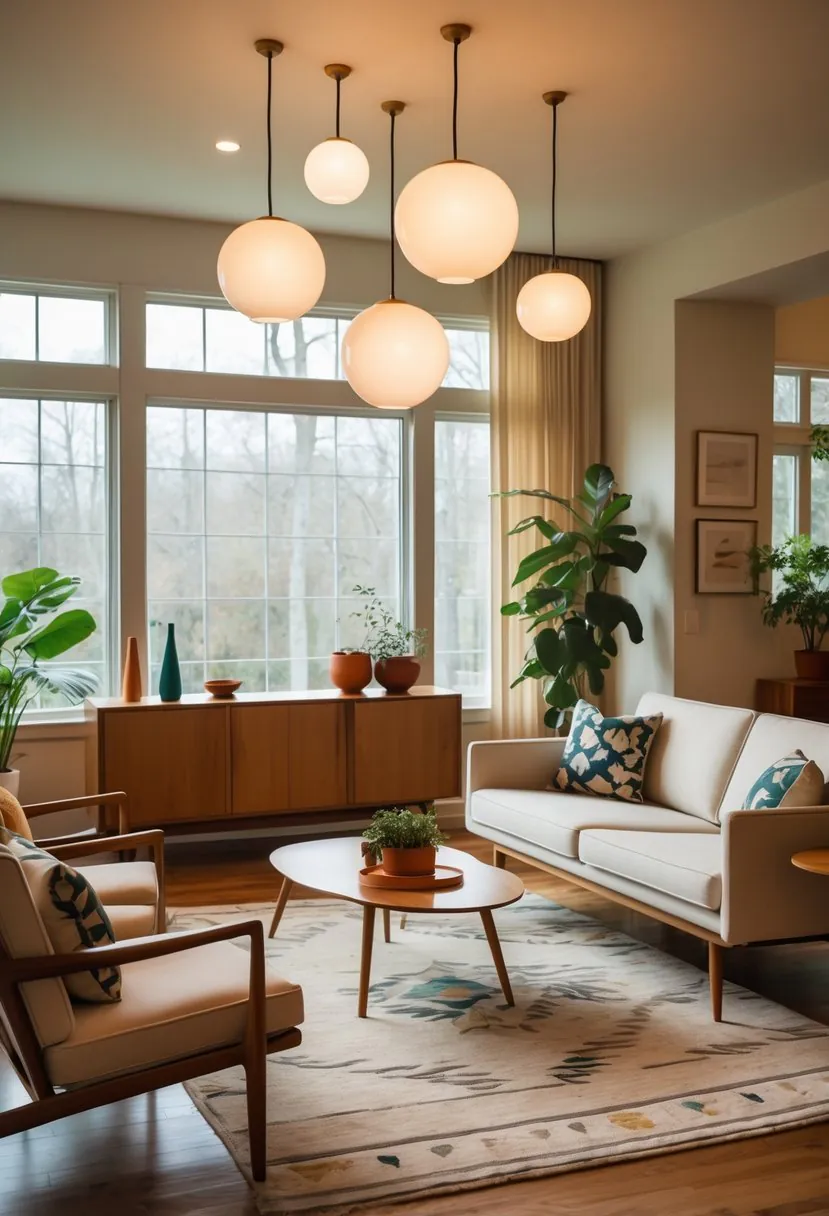 A bright living room with round hanging lamps, a sofa, coffee table, and plants.