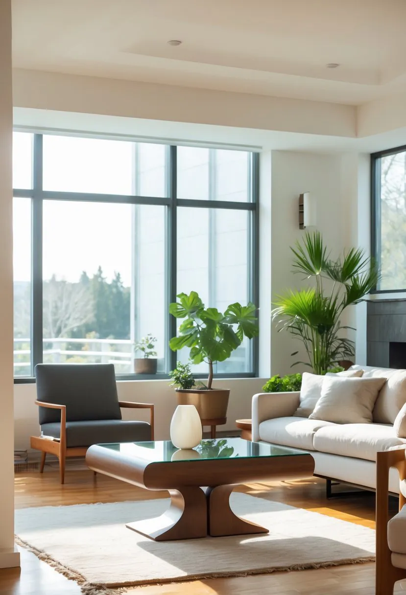 A bright living room with a wooden coffee table, sofa, armchairs, plants, and large windows letting in natural light.