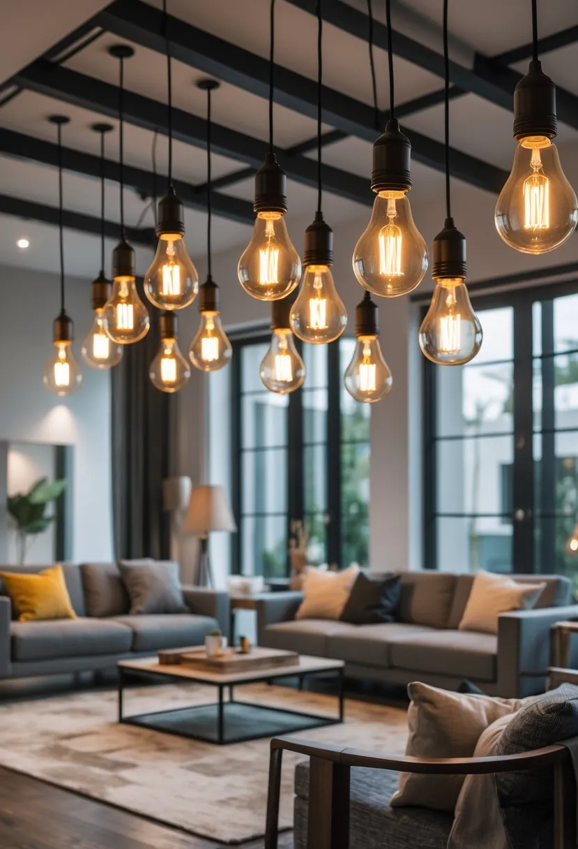 A modern living room with twelve Edison bulb pendant lights hanging from the ceiling, featuring comfortable seating and large windows.