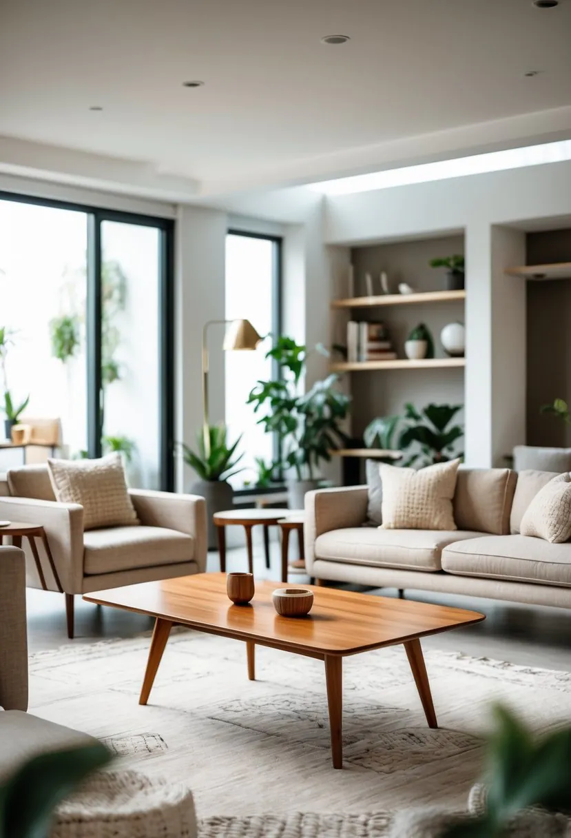 A bright living room with a wooden coffee table surrounded by sofas and armchairs, decorated with plants and shelves.
