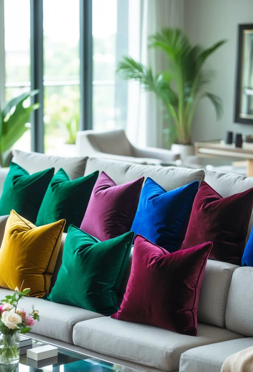 A bright living room with a sofa adorned with twelve colorful velvet pillows and modern furniture around.