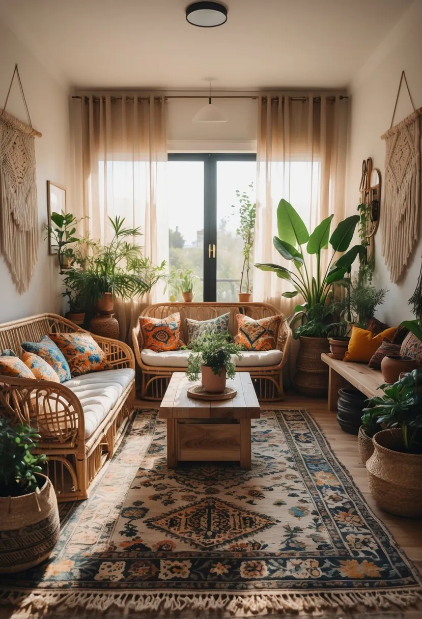 A living room with a sofa, coffee table, indoor plants, wall decorations, and natural light.