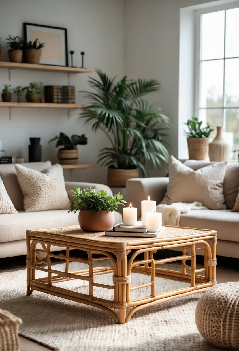A living room with a rattan coffee table, sofa, plants, and natural light.