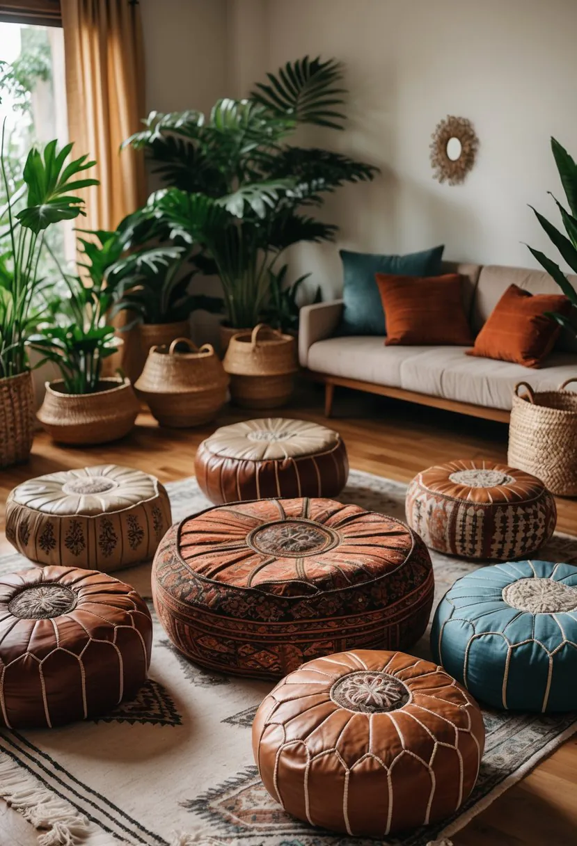 A living room with ten colorful Moroccan poufs arranged around a low wooden table, surrounded by plants and cushions on a wooden floor.