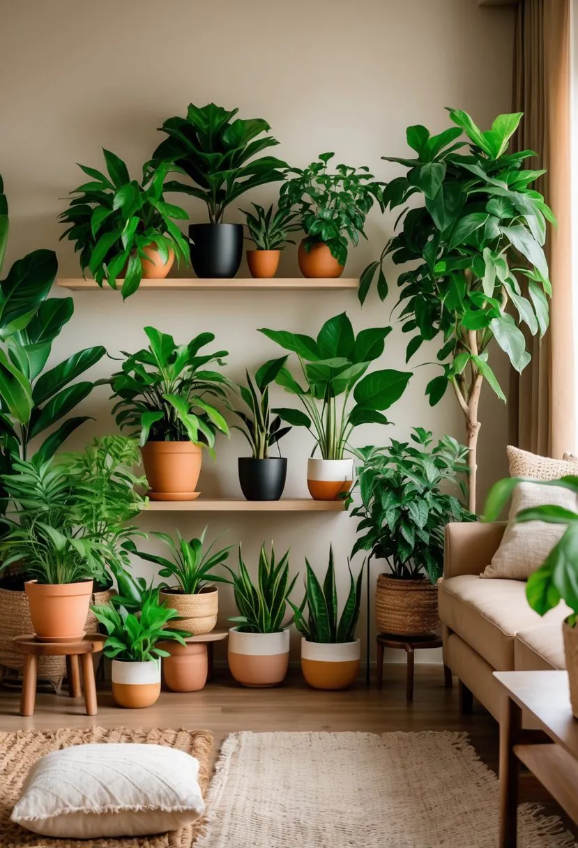 A living room with ten indoor potted plants arranged on shelves, tables, and the floor, surrounded by furniture and natural light.