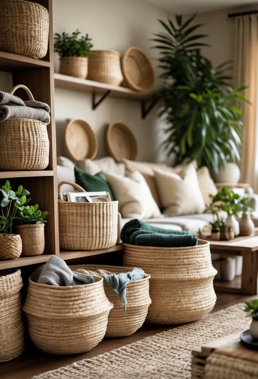A living room with woven baskets used for storage, wooden shelves, a sofa, and plants.