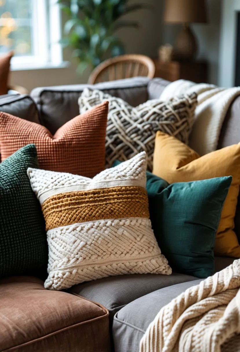 A living room sofa with a variety of textured throw pillows arranged neatly.