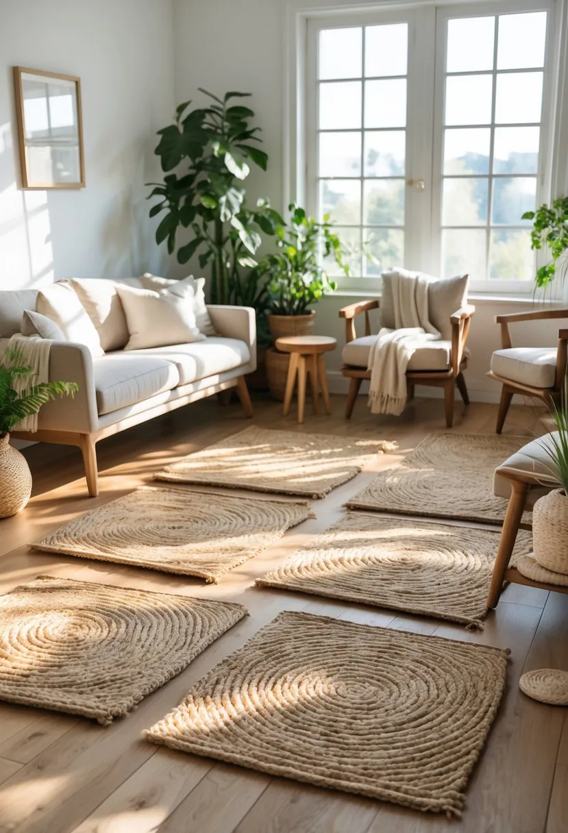 Living room with wooden floor and multiple woven jute floor mats arranged near seating and plants.