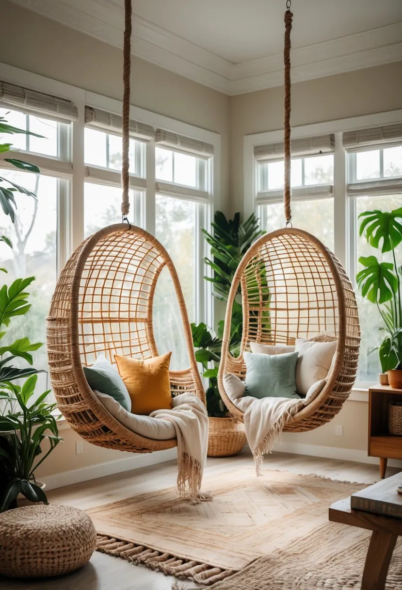 Living room with two hanging wicker chairs, cushions, plants, and natural light.