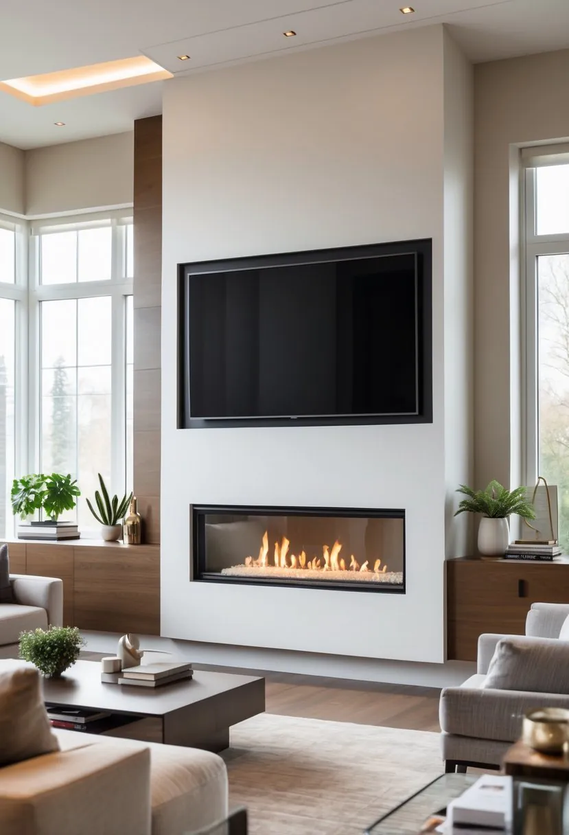 Living room with a TV mounted above a built-in fireplace and modern furniture.