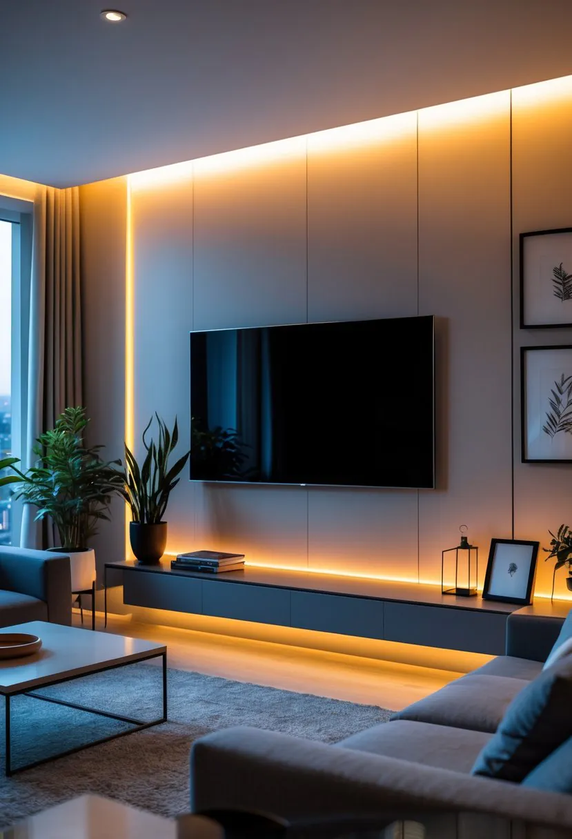 A living room with a TV mounted on the wall and LED ambient lighting glowing behind it, surrounded by a sofa, coffee table, and decorative elements.
