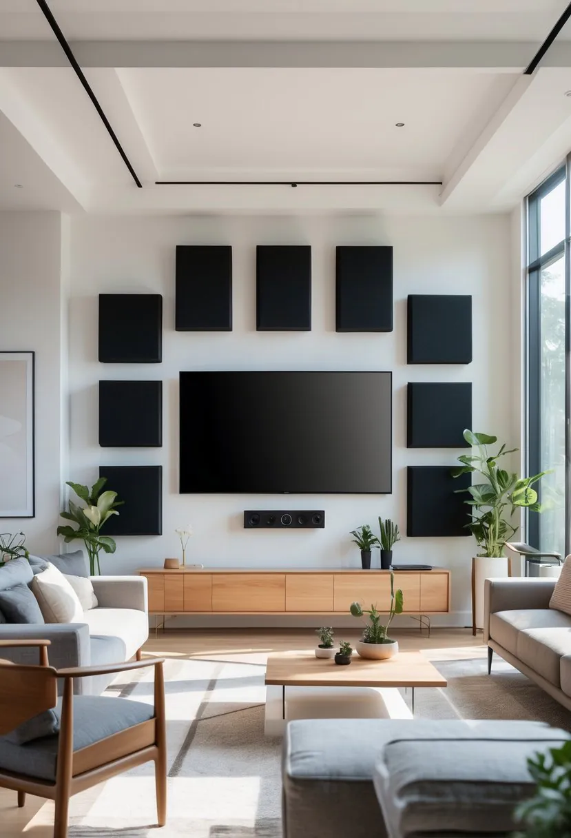 A living room with a TV mounted on the wall surrounded by acoustic panels and modern furniture.