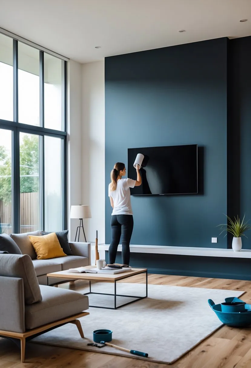 Person painting a living room TV wall a dark color with modern furniture and a mounted TV.