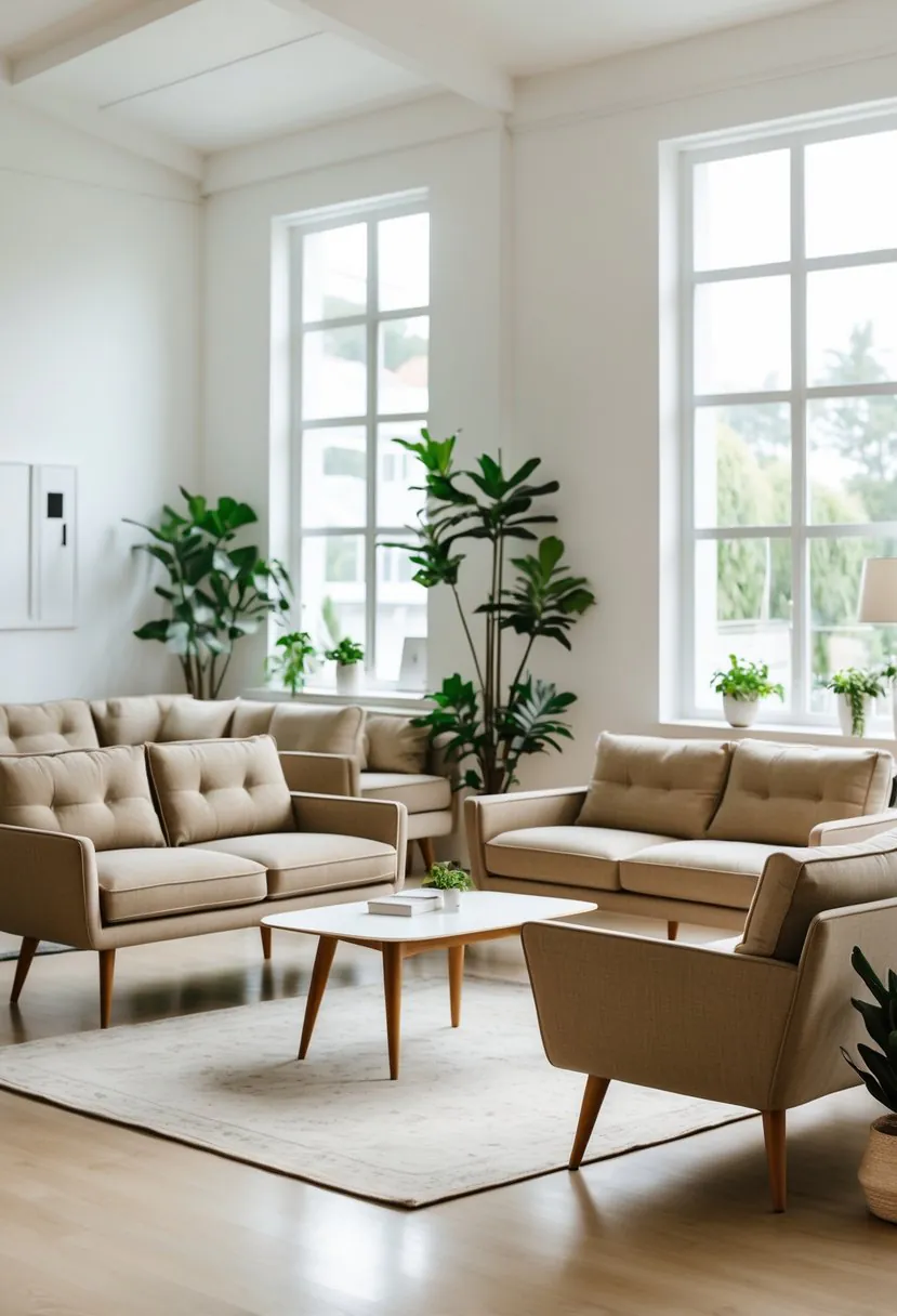 A bright living room with several sofas arranged around a coffee table and large windows letting in natural light.
