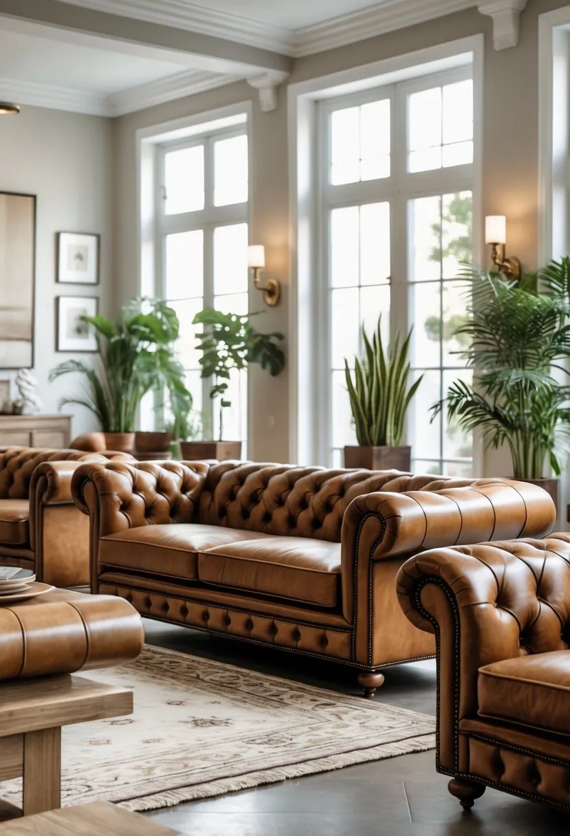 A living room with several leather sofas arranged around a coffee table, illuminated by natural light from large windows.