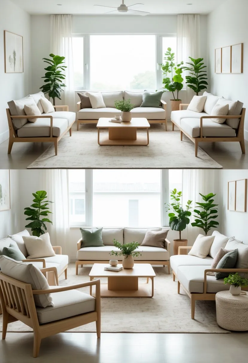 A bright living room with multiple sofas, light wood furniture, soft cushions, plants, and natural light coming through large windows.