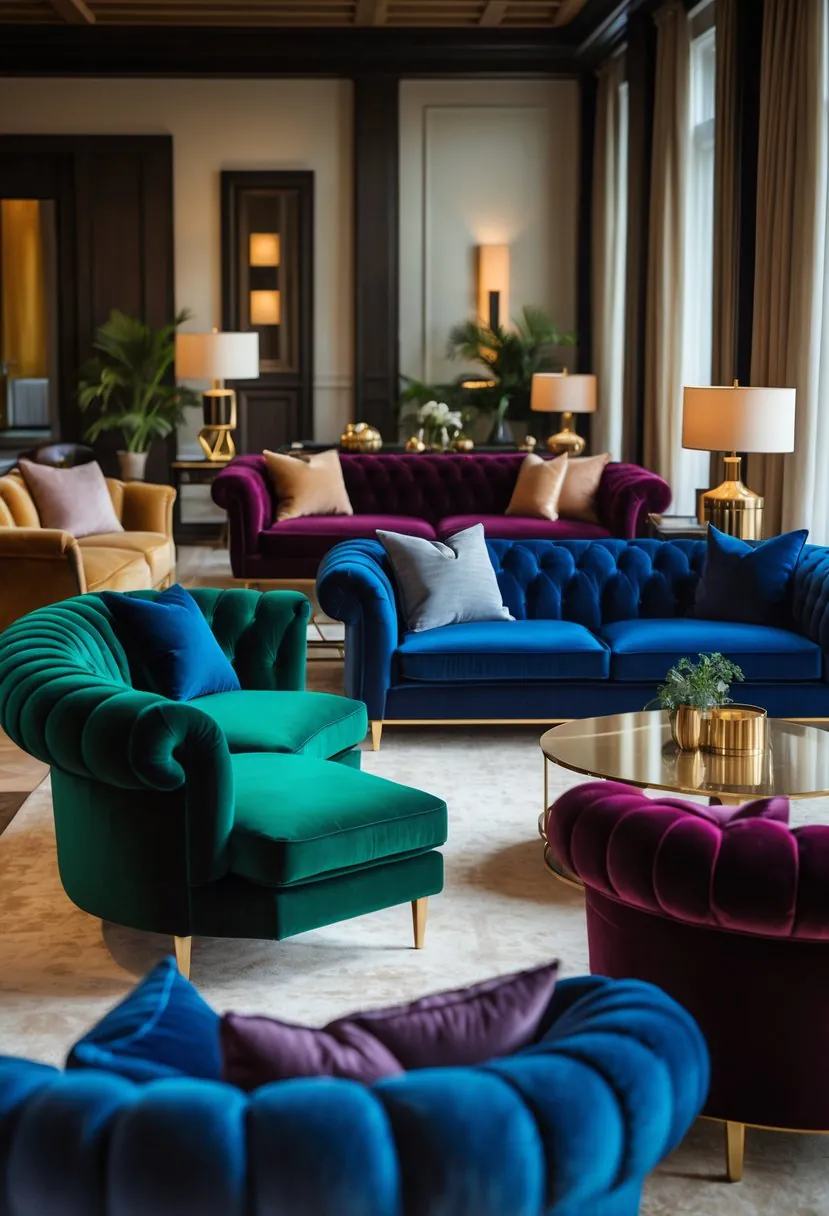 A living room with several velvet sofas arranged around a coffee table, illuminated by natural light from large windows.