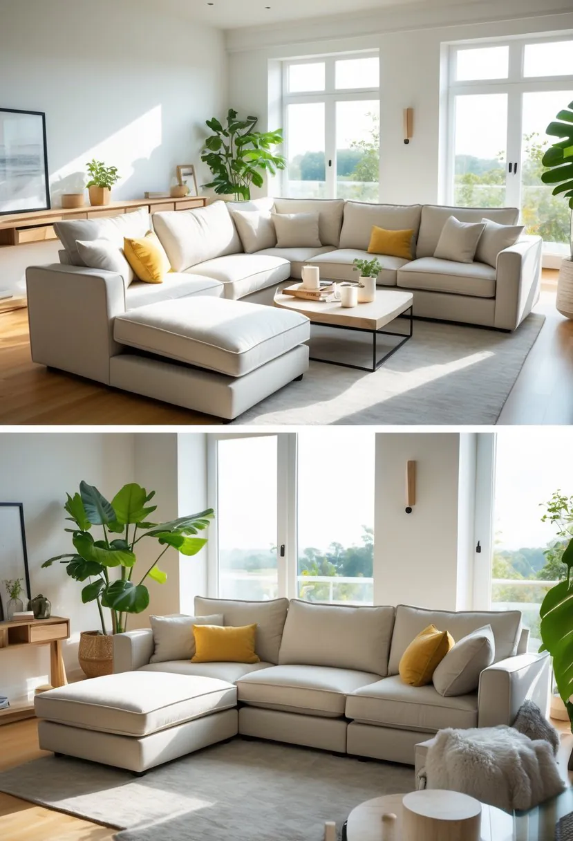 A living room with several reversible sofas arranged in different seating configurations, featuring cushions, a coffee table, plants, and natural light coming through large windows.