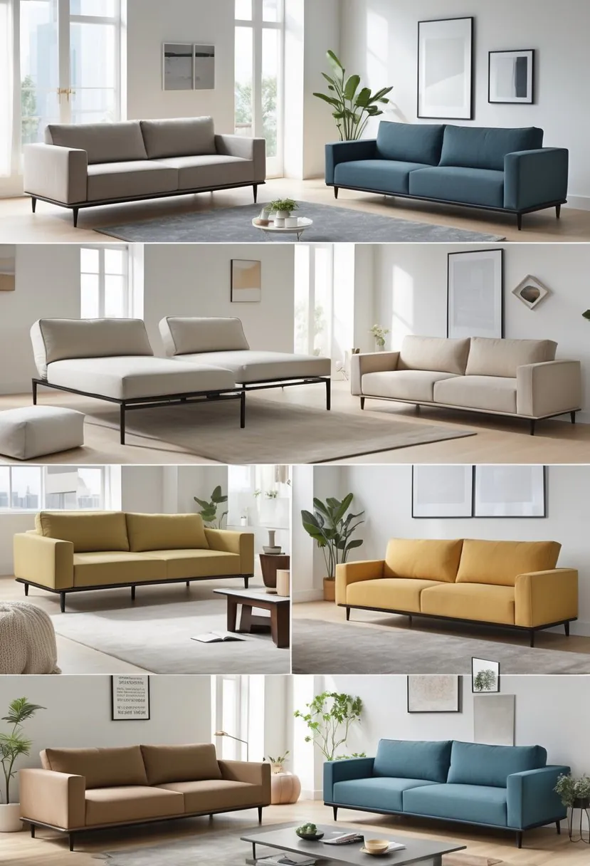 A bright living room with ten different sleeper sofas arranged neatly, surrounded by simple decor and natural light.