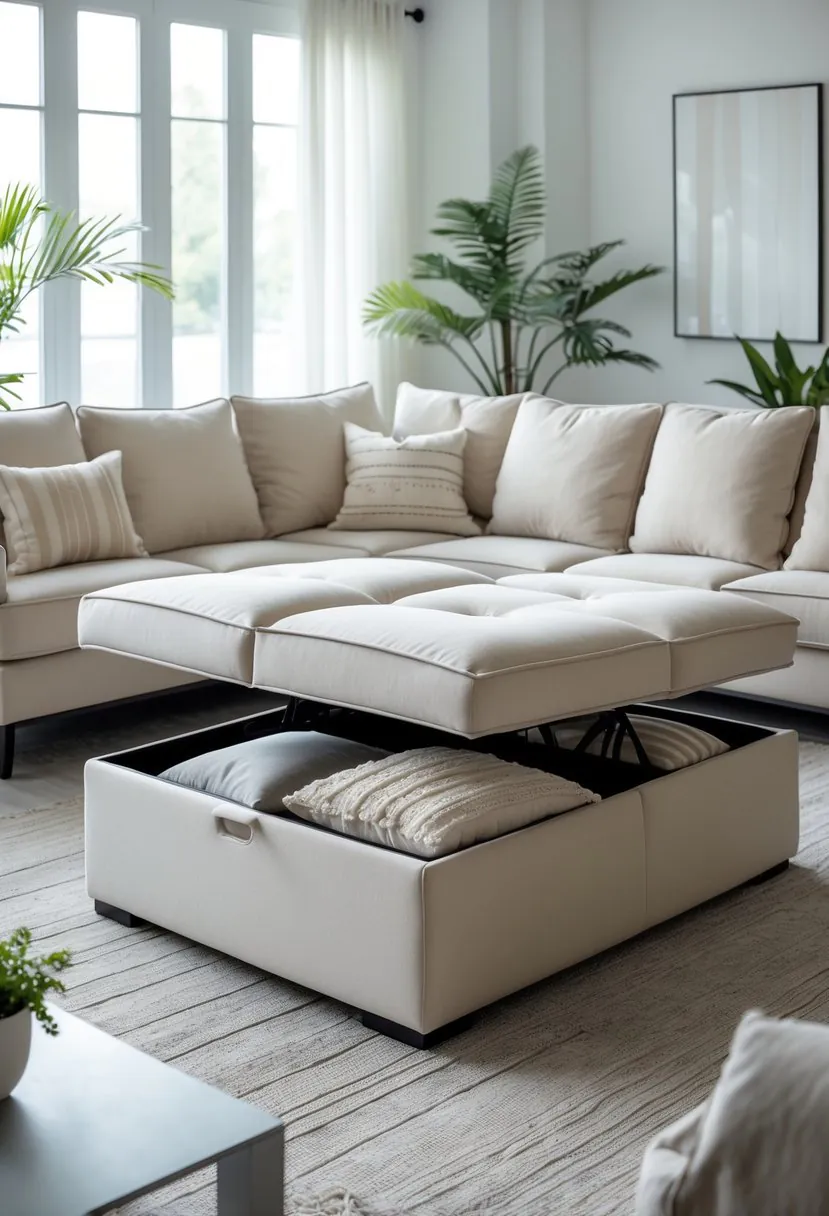 Living room with a comfortable Ottoman sofa featuring open storage space, surrounded by a coffee table, rug, and plants.