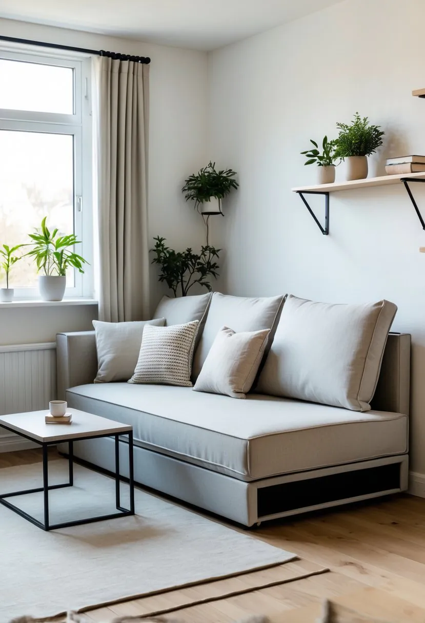 A small living room with a sofa bed, coffee table, and shelves with plants and books.
