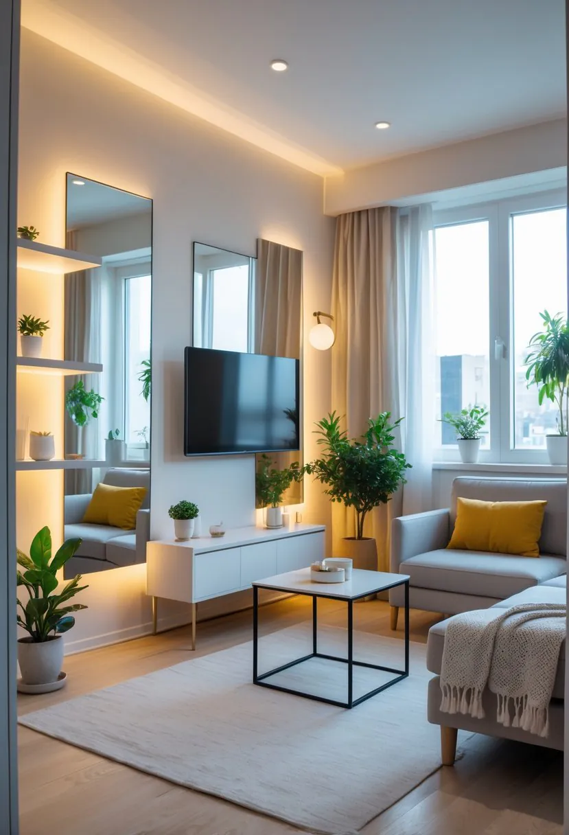 A small living room with mirrors on the walls creating an illusion of depth, featuring a sofa, coffee table, shelving unit, and natural light.