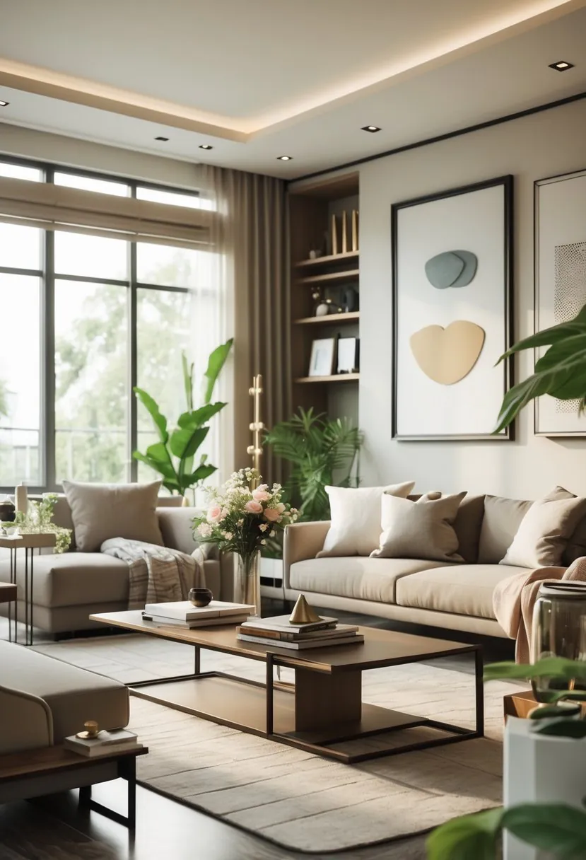 A bright and spacious living room with a sofa, coffee table, indoor plants, and decorative items.