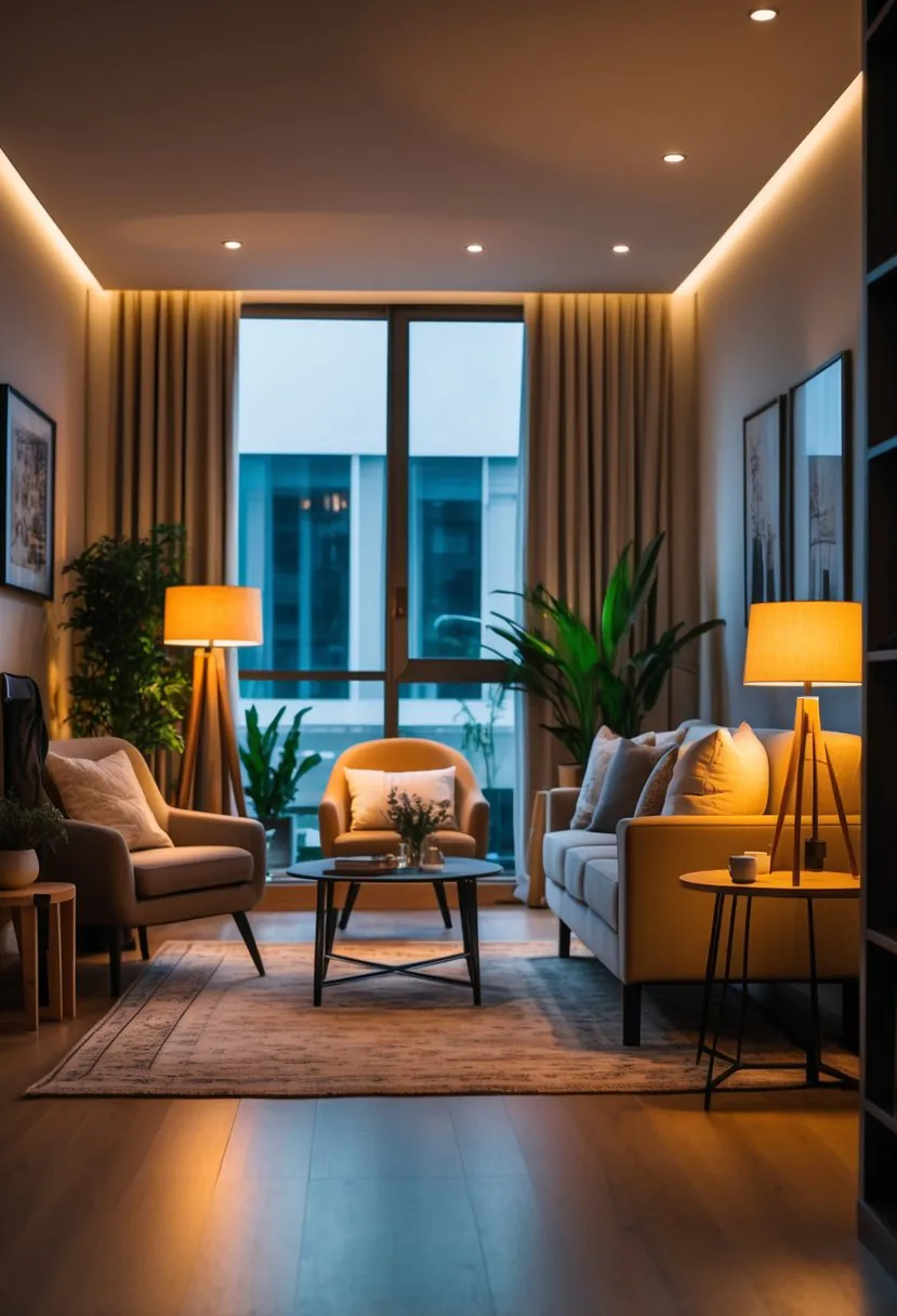 A living room with a sofa, armchairs, coffee table, floor lamp, and table lamp providing layered lighting.