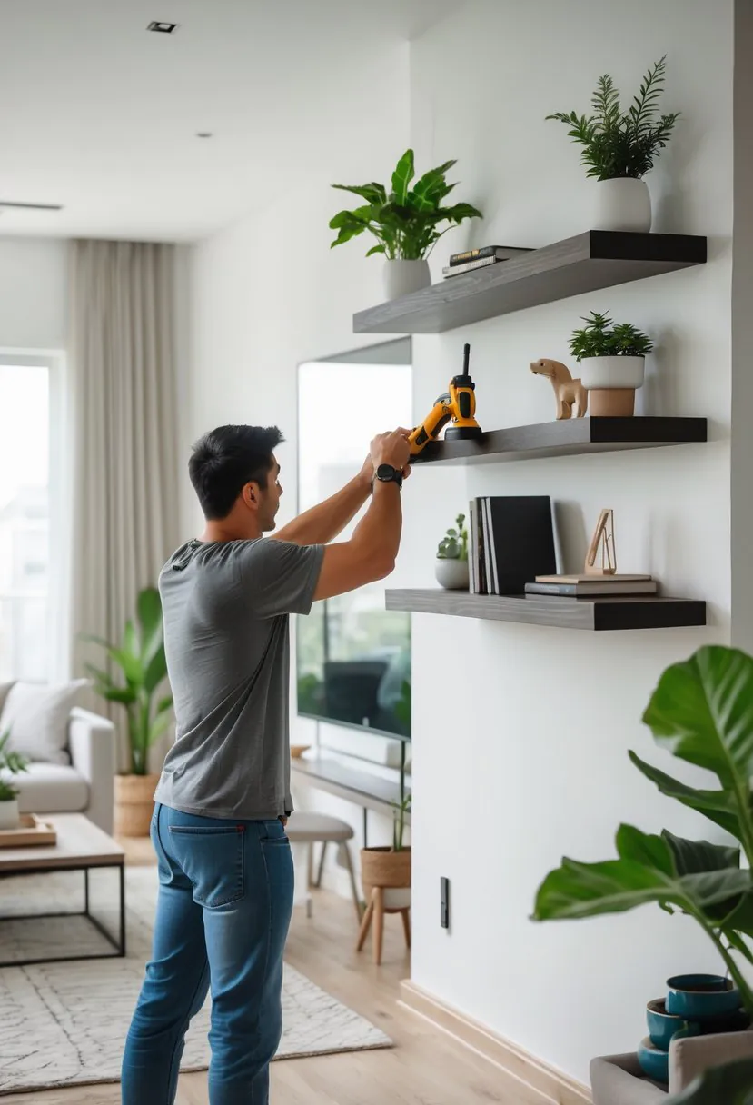 Person installing floating shelves on a living room wall with furniture and decor around.