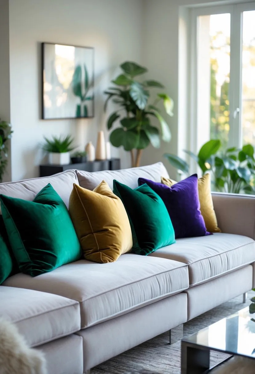 A living room with a sofa decorated with colorful velvet throw pillows, a coffee table, plants, and natural light coming through windows.