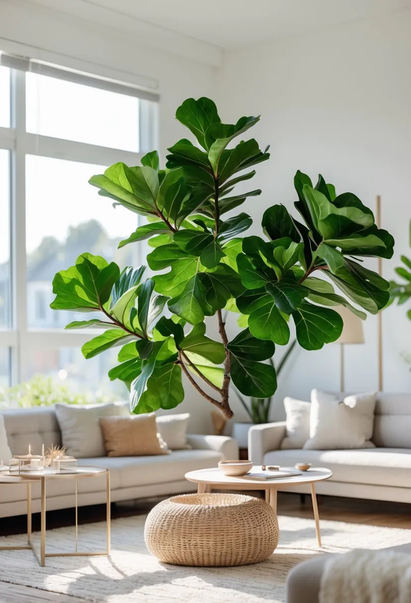 A bright living room with a large indoor fiddle leaf fig plant near a window and modern furniture.