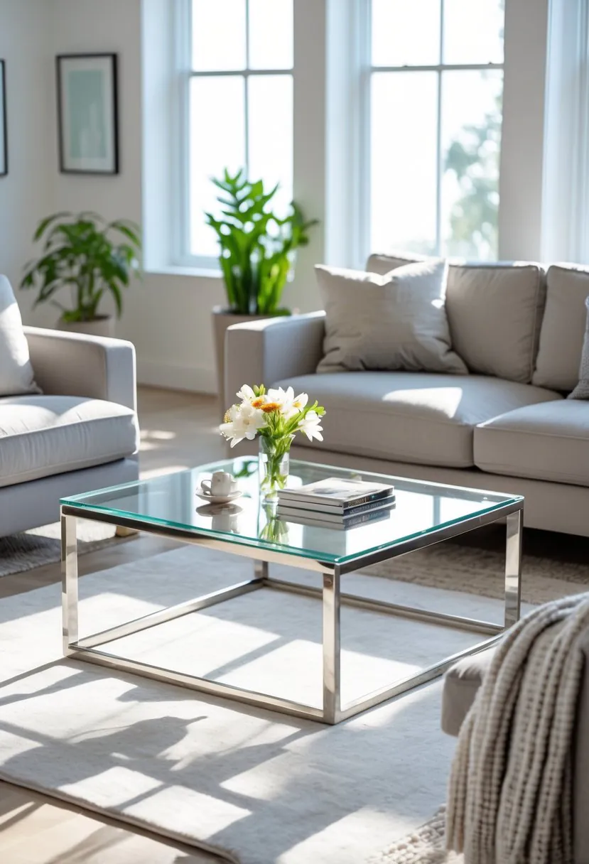 A bright living room with a glass coffee table surrounded by sofas and indoor plants.