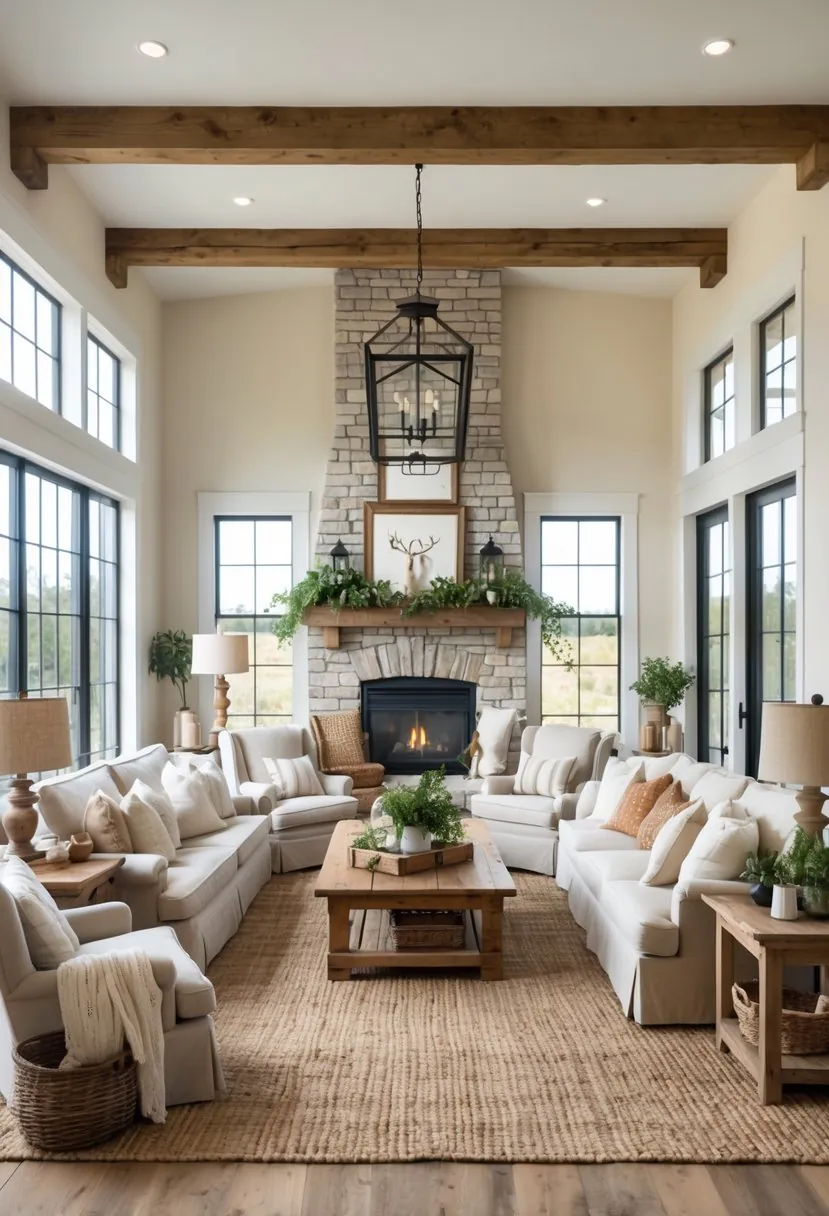 A bright living room with seven seating areas, a stone fireplace, wooden beams, and rustic furniture.