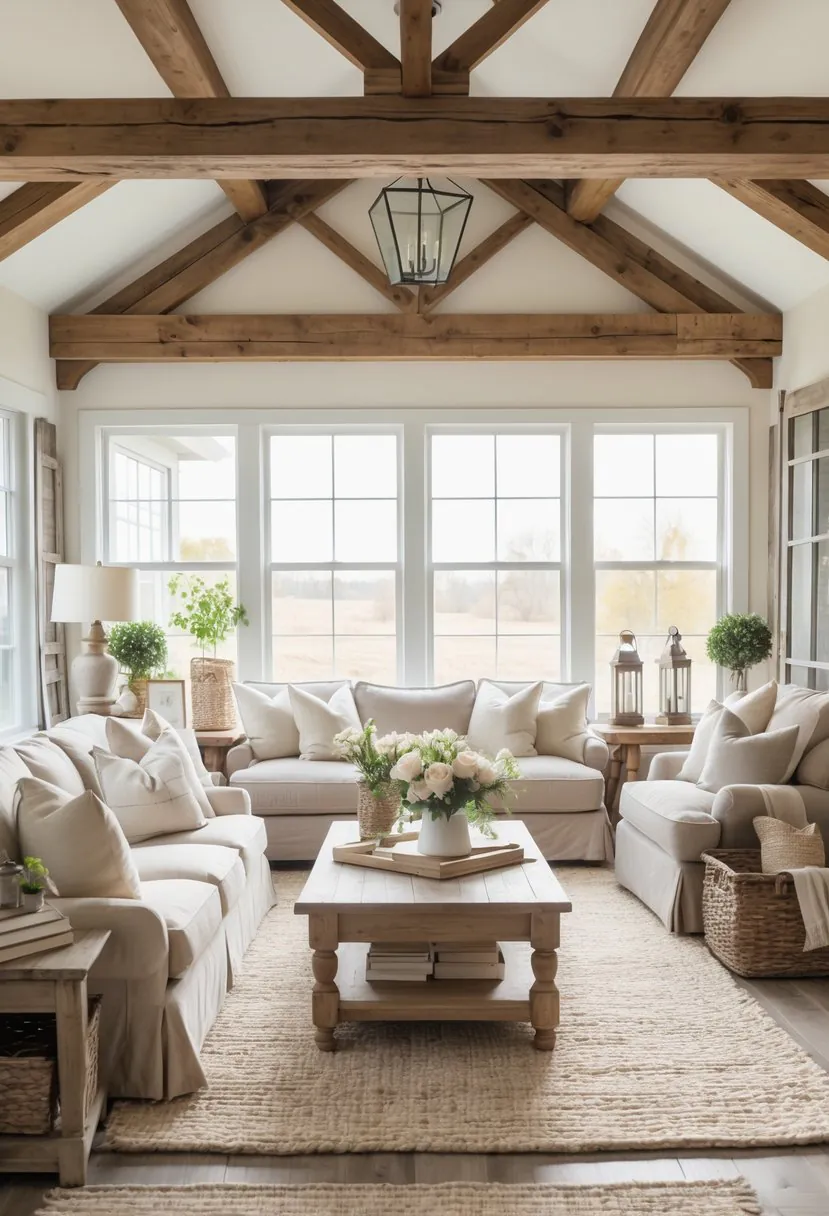 A bright living room with exposed wooden ceiling beams, comfortable seating, and rustic wooden furniture.