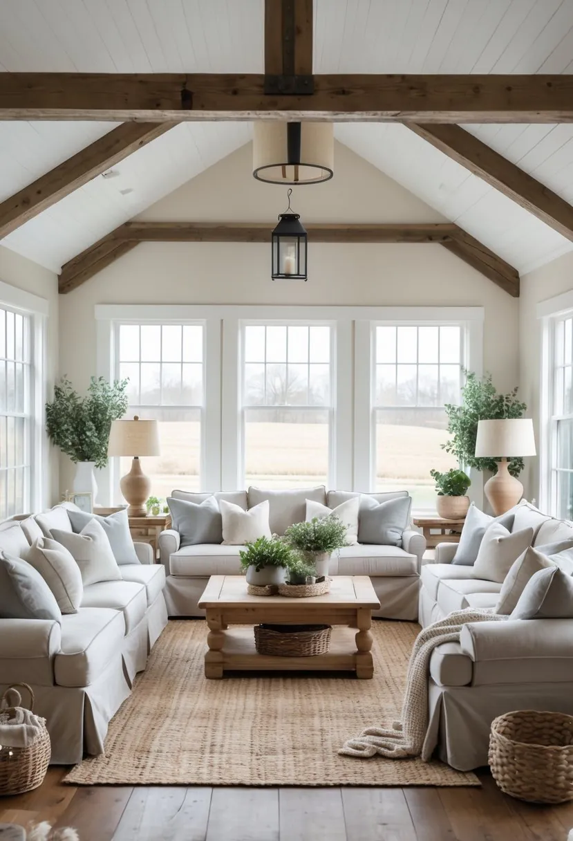 A bright living room with seven slipcovered sofas arranged around a wooden coffee table, featuring natural light and rustic decor.