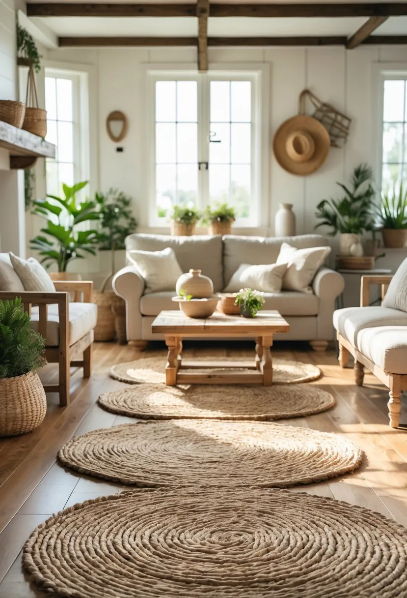 A bright living room with wooden furniture, seven woven jute rugs on the floor, and green plants by the window.
