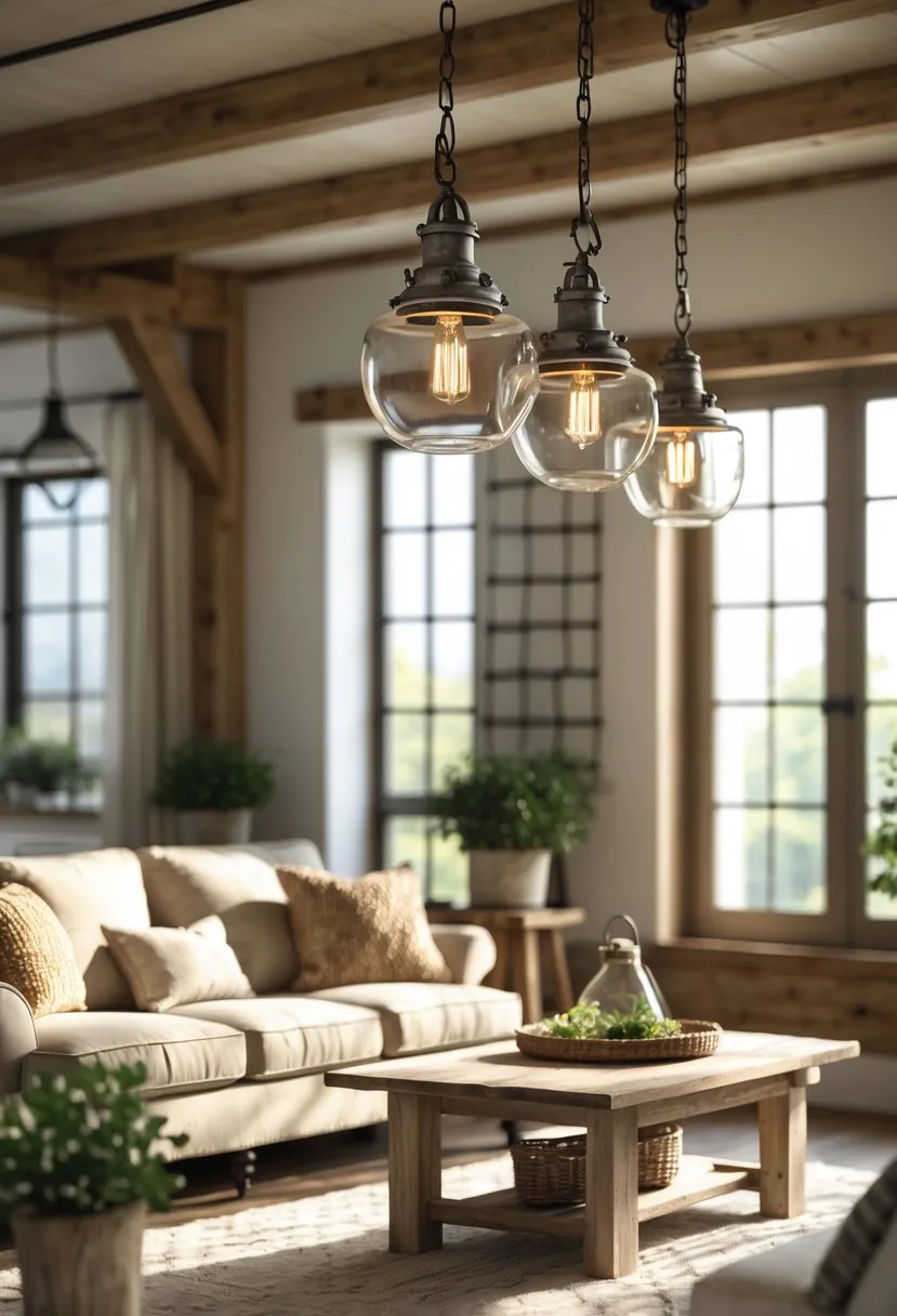 A living room with a sofa, wooden coffee table, and hanging industrial pendant lights.