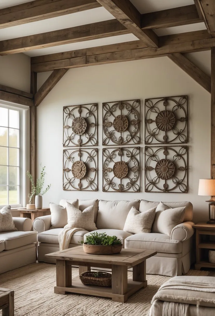 A cozy living room with a sofa, wooden coffee table, and vintage metal wall art hanging above the sofa.